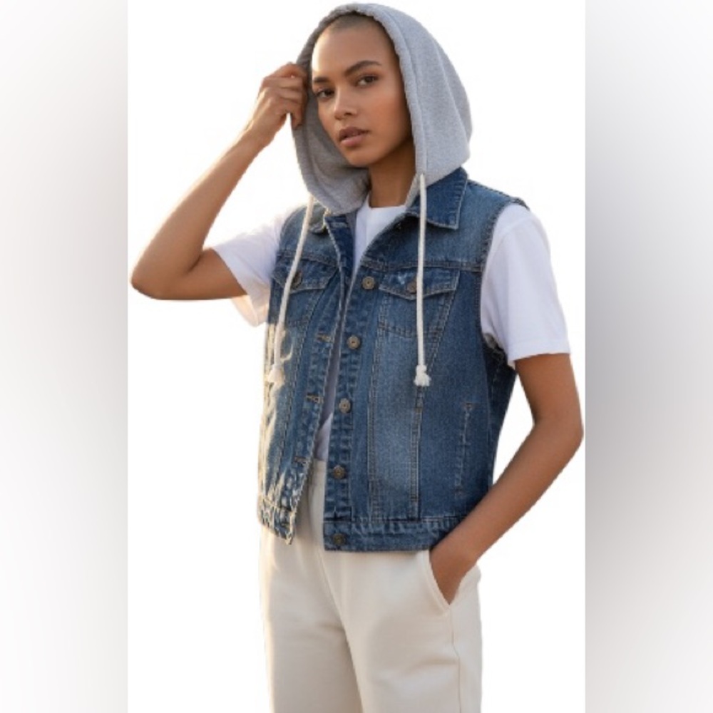 2/$15 Bee & CeCi Denim Sleeveless Vest with Gray Hoodie  M